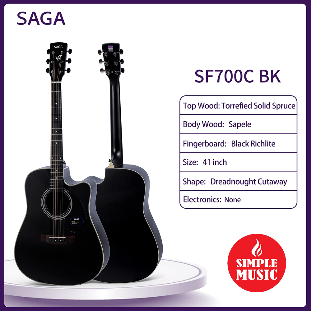 SAGA SF700CBK 41 Dreadnaught Cutaway Black Acoustic Guitar (Solid Spruce Top)